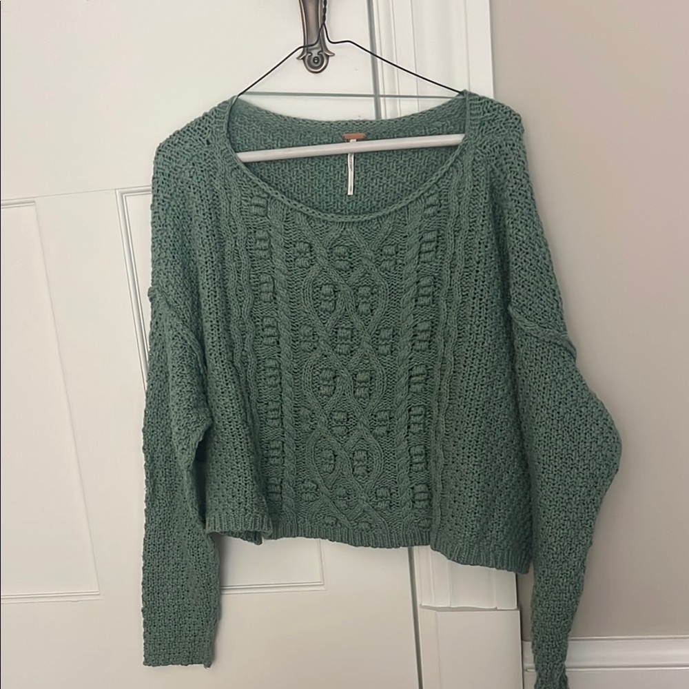 Free People Green Crew Neck Cable Knit Sweater